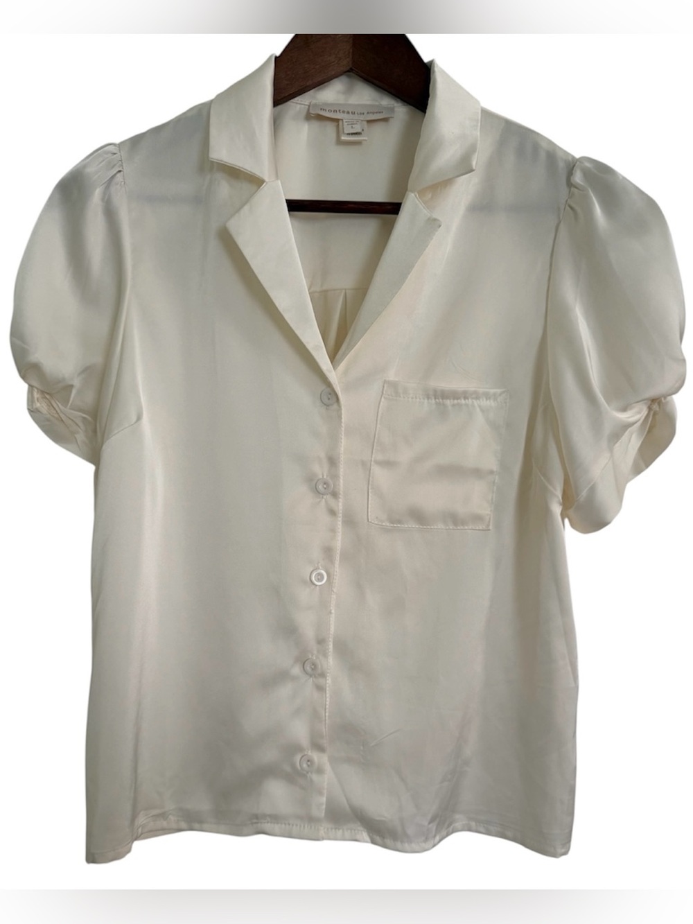 Monteau Cream Satin Short-Sleeve Button Down Puffy Sleeve Blouse, Size L